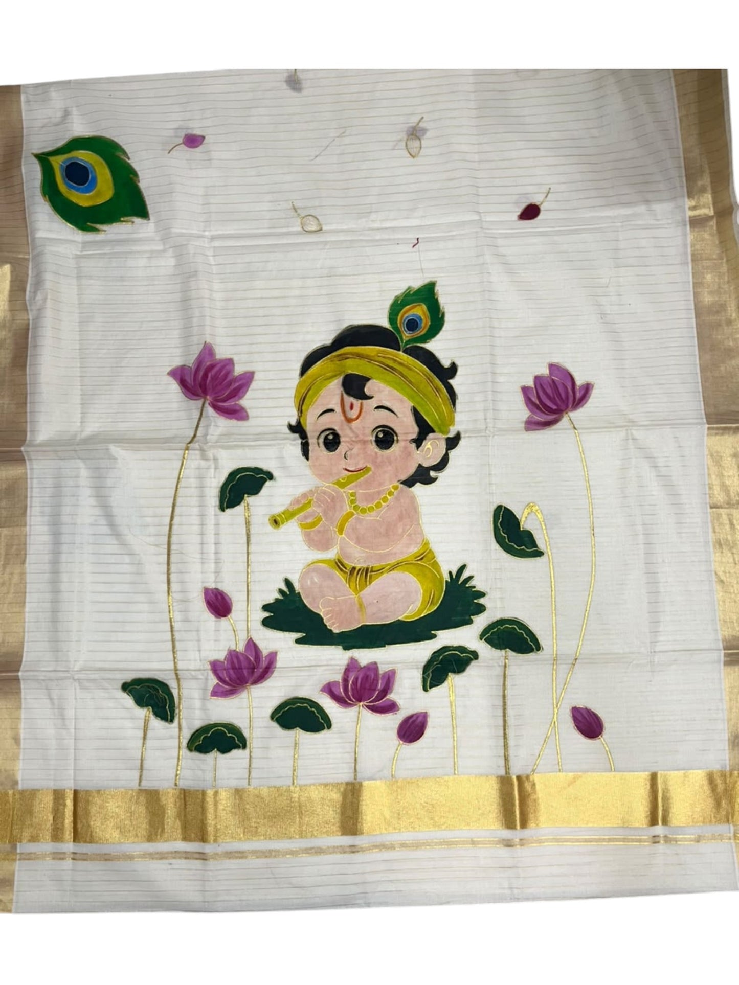 Southloom Cotton Kerala Kasavu Saree with Hand Painted Embroidery Krishna Design  SL596