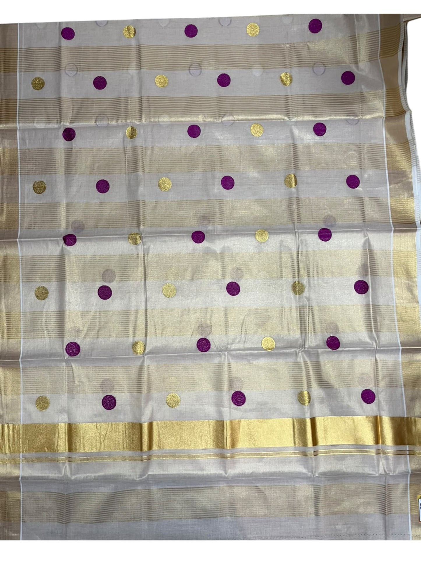 Southloom Kerala Tissue Kasavu Stripes Saree with Polka Embroidery Works on Body in Magenta  SL587