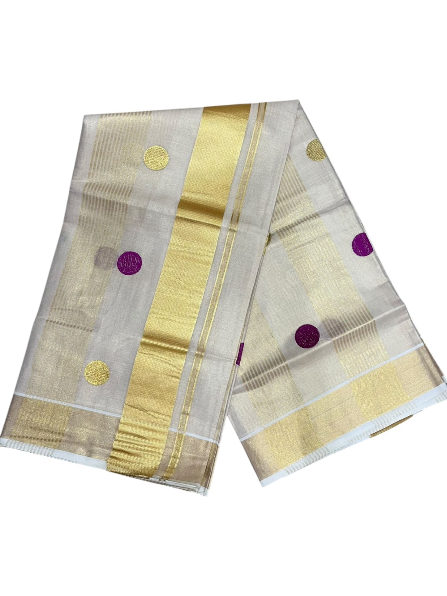 Southloom Kerala Tissue Kasavu Stripes Saree with Polka Embroidery Works on Body in Magenta  SL587