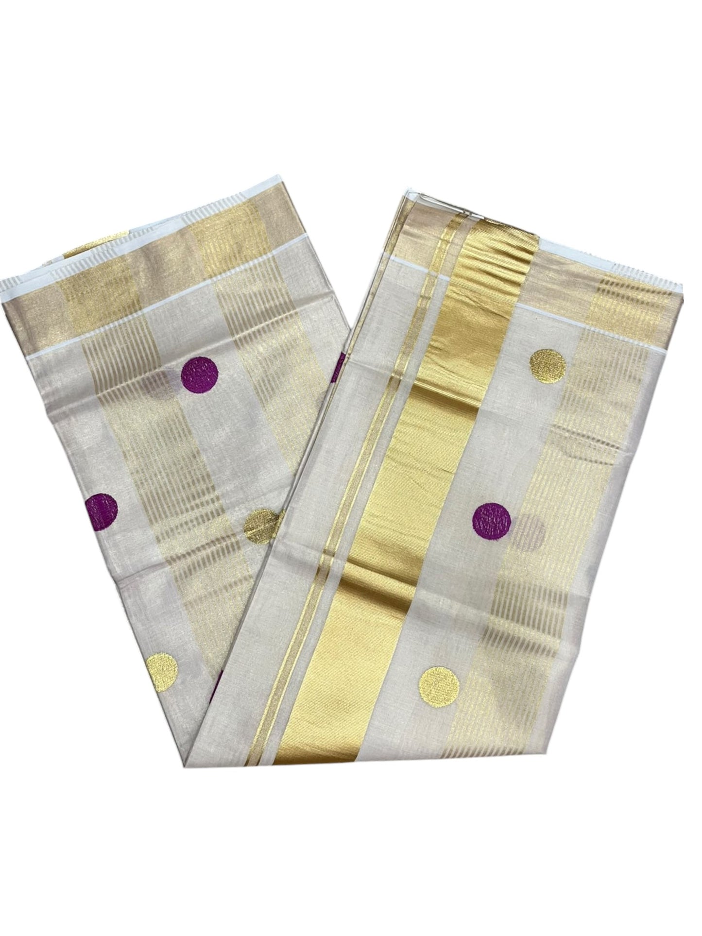 Southloom Kerala Tissue Kasavu Stripes Saree with Polka Embroidery Works on Body in Magenta  SL587