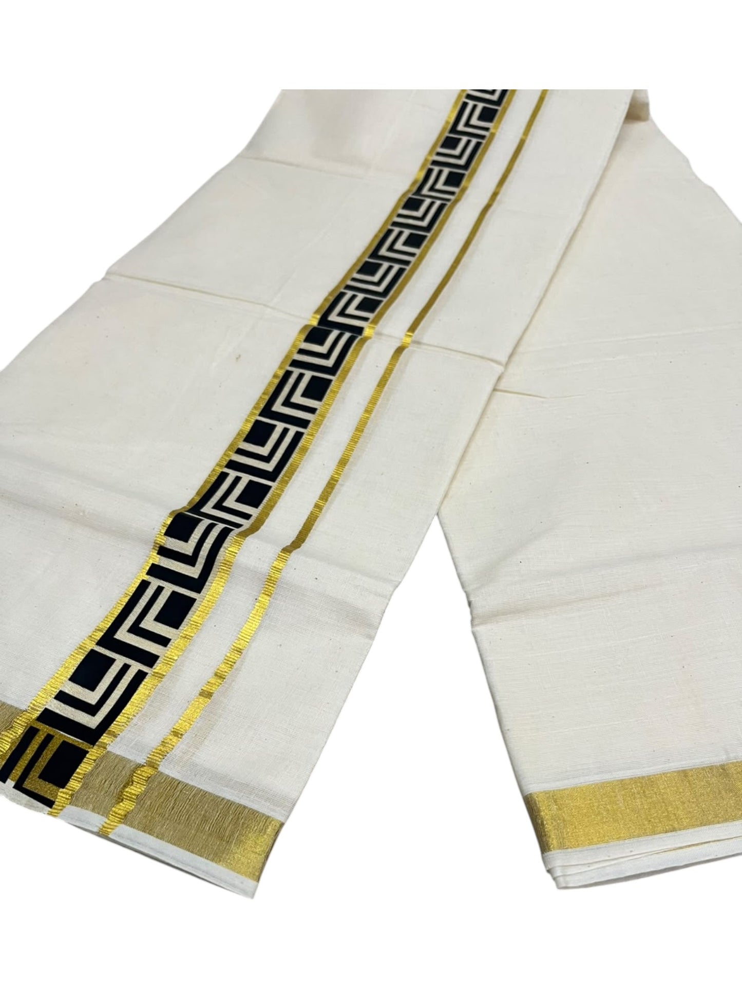 southloom Pure Cotton Double Mundu with Block Prints on Black Border (South Indian Dhoti)SL597