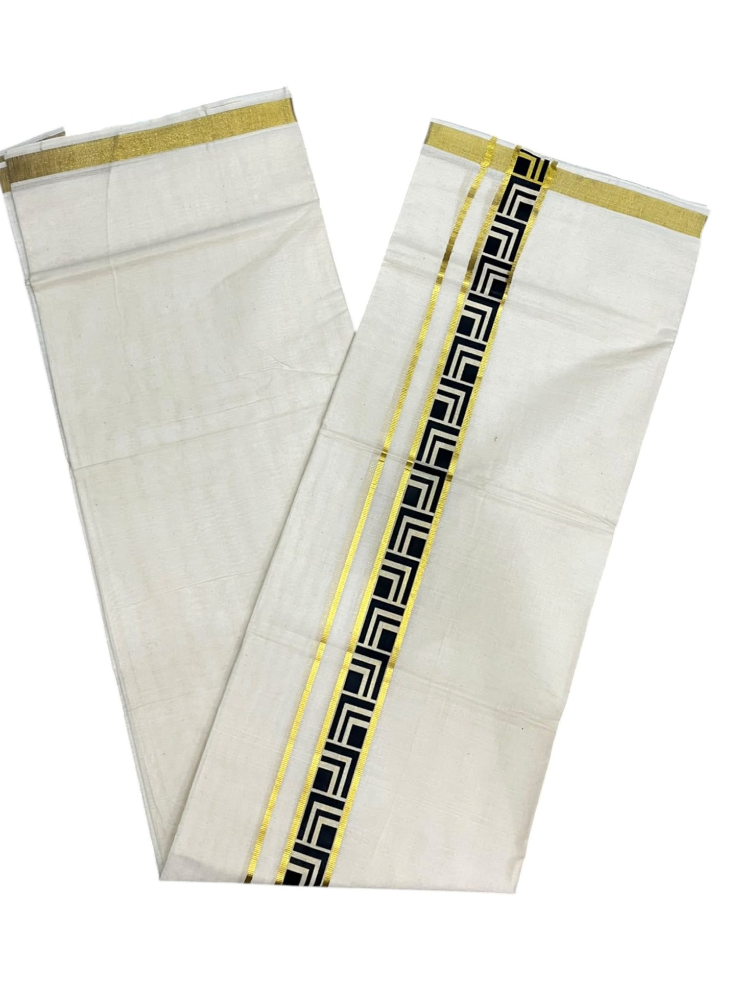 southloom Pure Cotton Double Mundu with Block Prints on Black Border (South Indian Dhoti)SL597