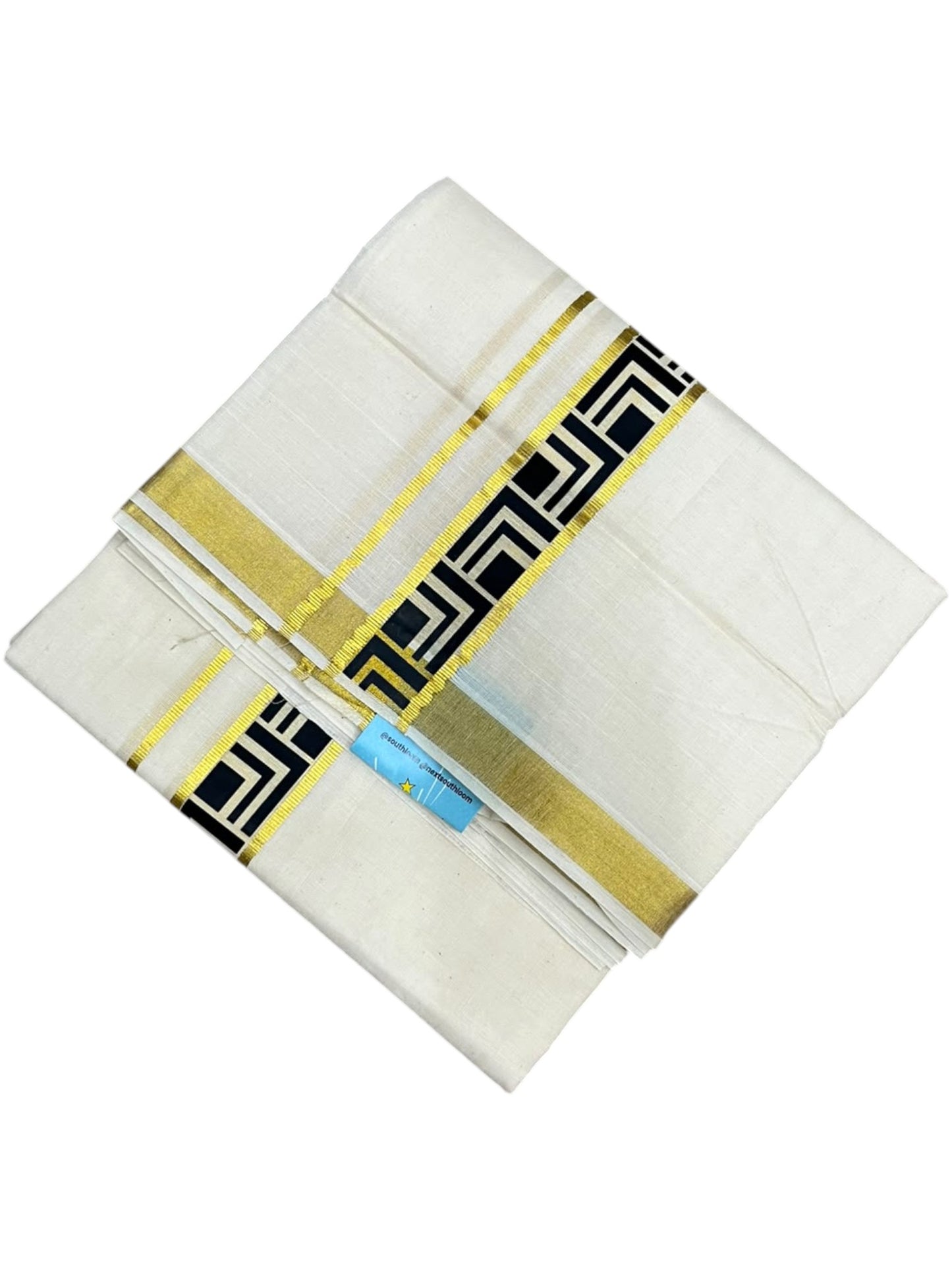 southloom Pure Cotton Double Mundu with Block Prints on Black Border (South Indian Dhoti)SL597