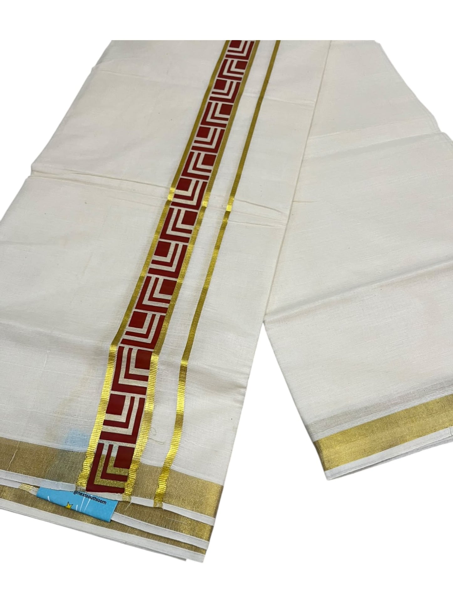 southloom Pure Cotton Double Mundu with Block Prints on Maroon Border (South Indian Dhoti)SL597