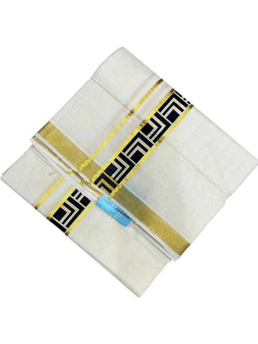 southloom Pure Cotton Double Mundu with Block Prints on Black Border (South Indian Dhoti)SL597