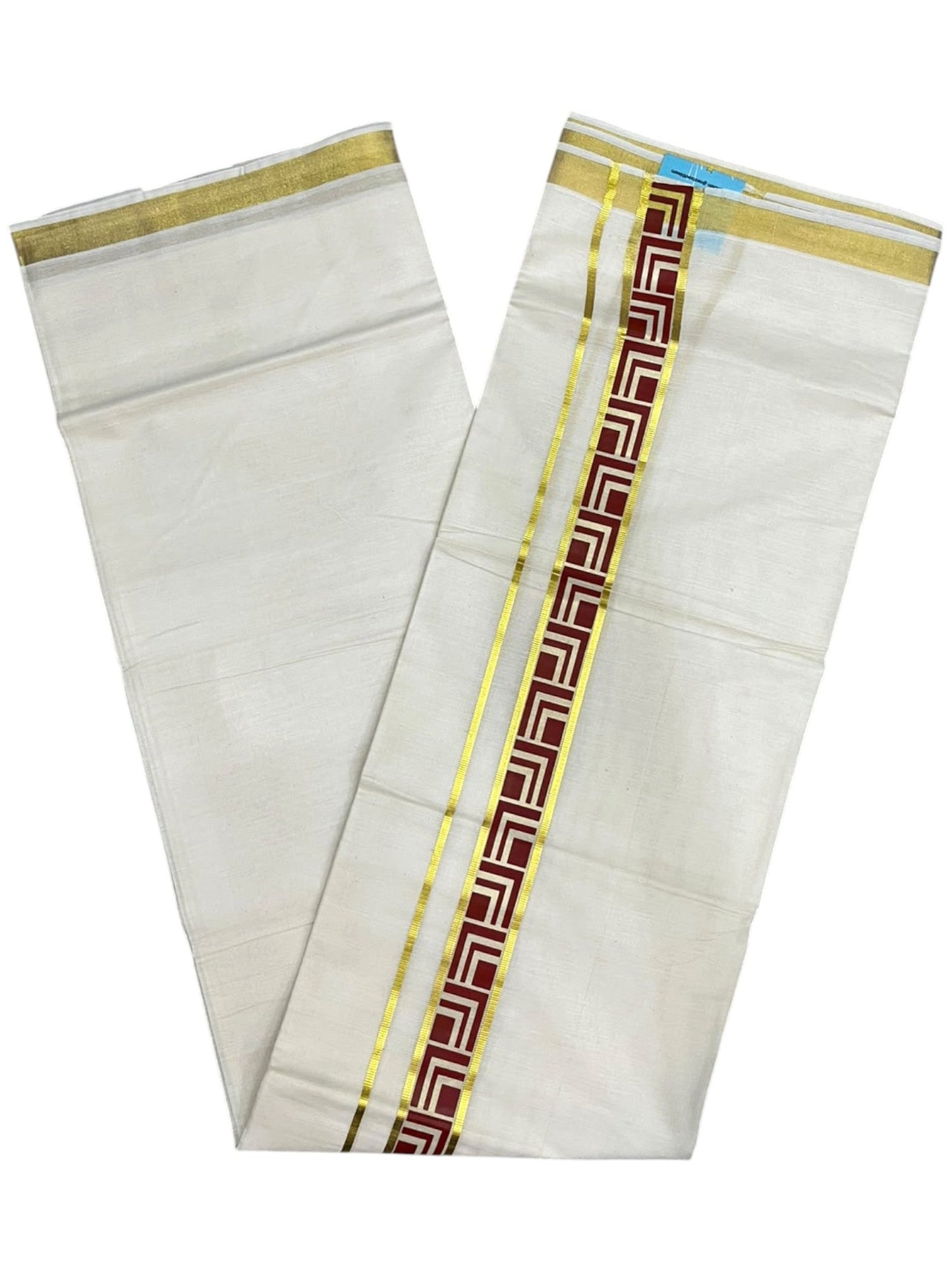 southloom Pure Cotton Double Mundu with Block Prints on Maroon Border (South Indian Dhoti)SL597