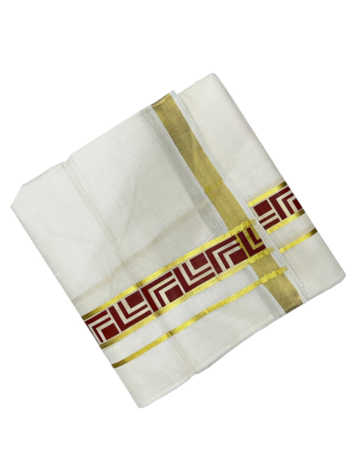 southloom Pure Cotton Double Mundu with Block Prints on Maroon Border (South Indian Dhoti)SL597