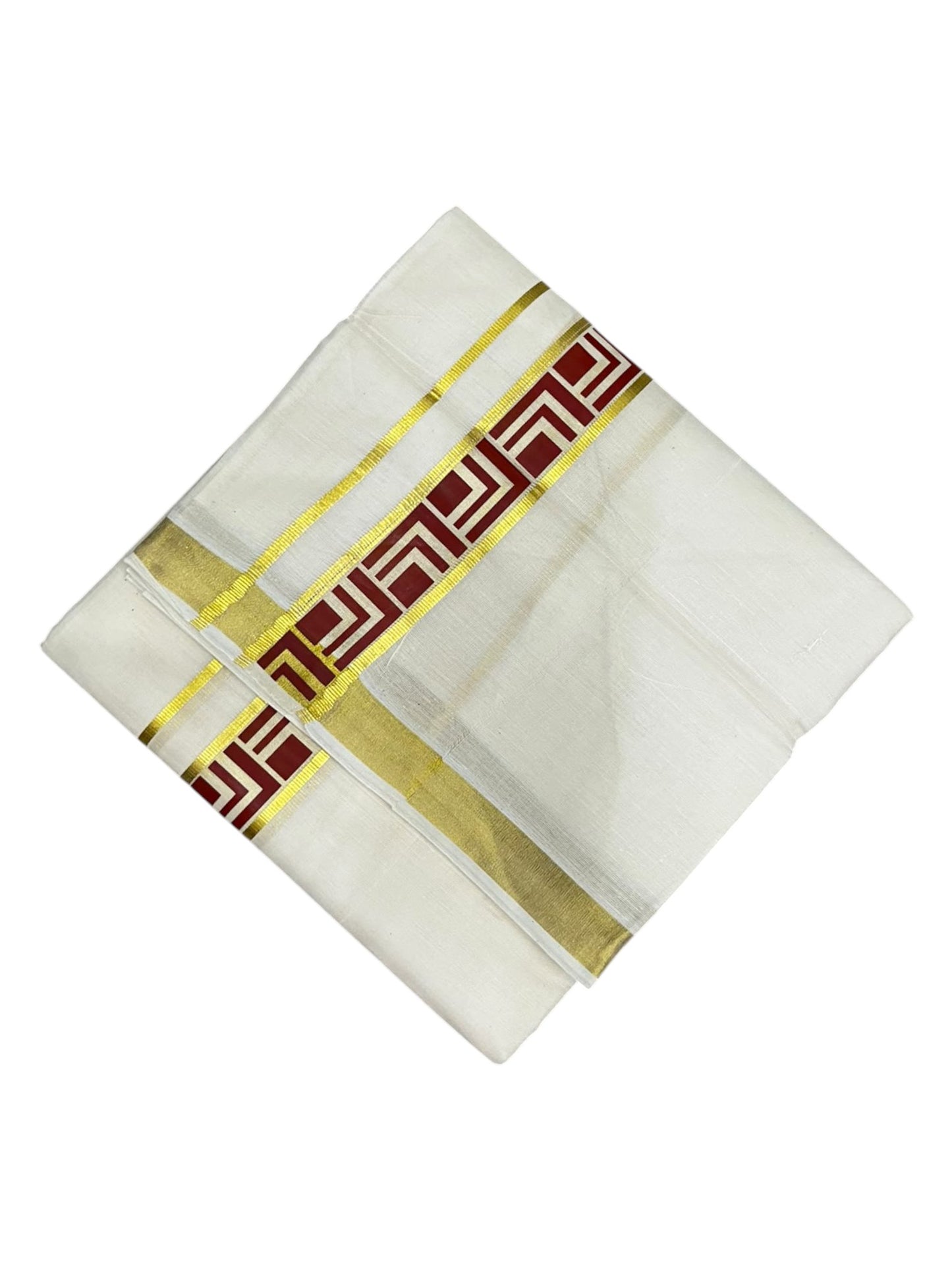 southloom Pure Cotton Double Mundu with Block Prints on Maroon Border (South Indian Dhoti)SL597