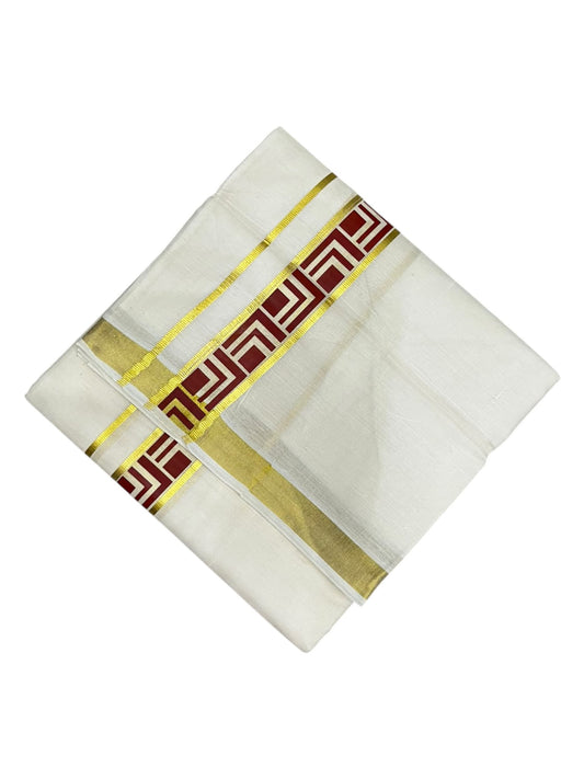 southloom Pure Cotton Double Mundu with Block Prints on Maroon Border (South Indian Dhoti)SL597