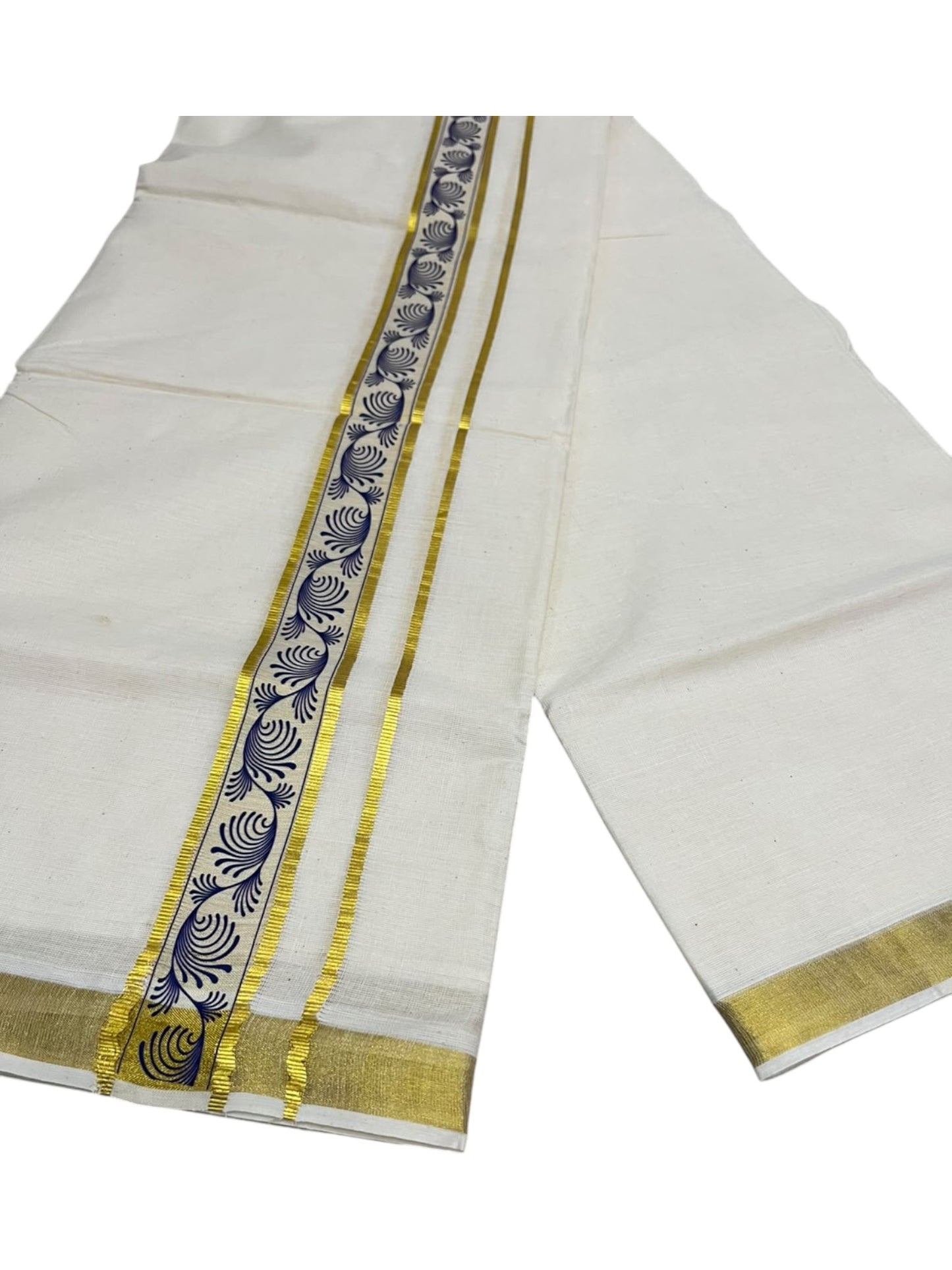 southloom Pure Cotton Double Mundu with Block Prints on Blue Border (South Indian Dhoti)SL597