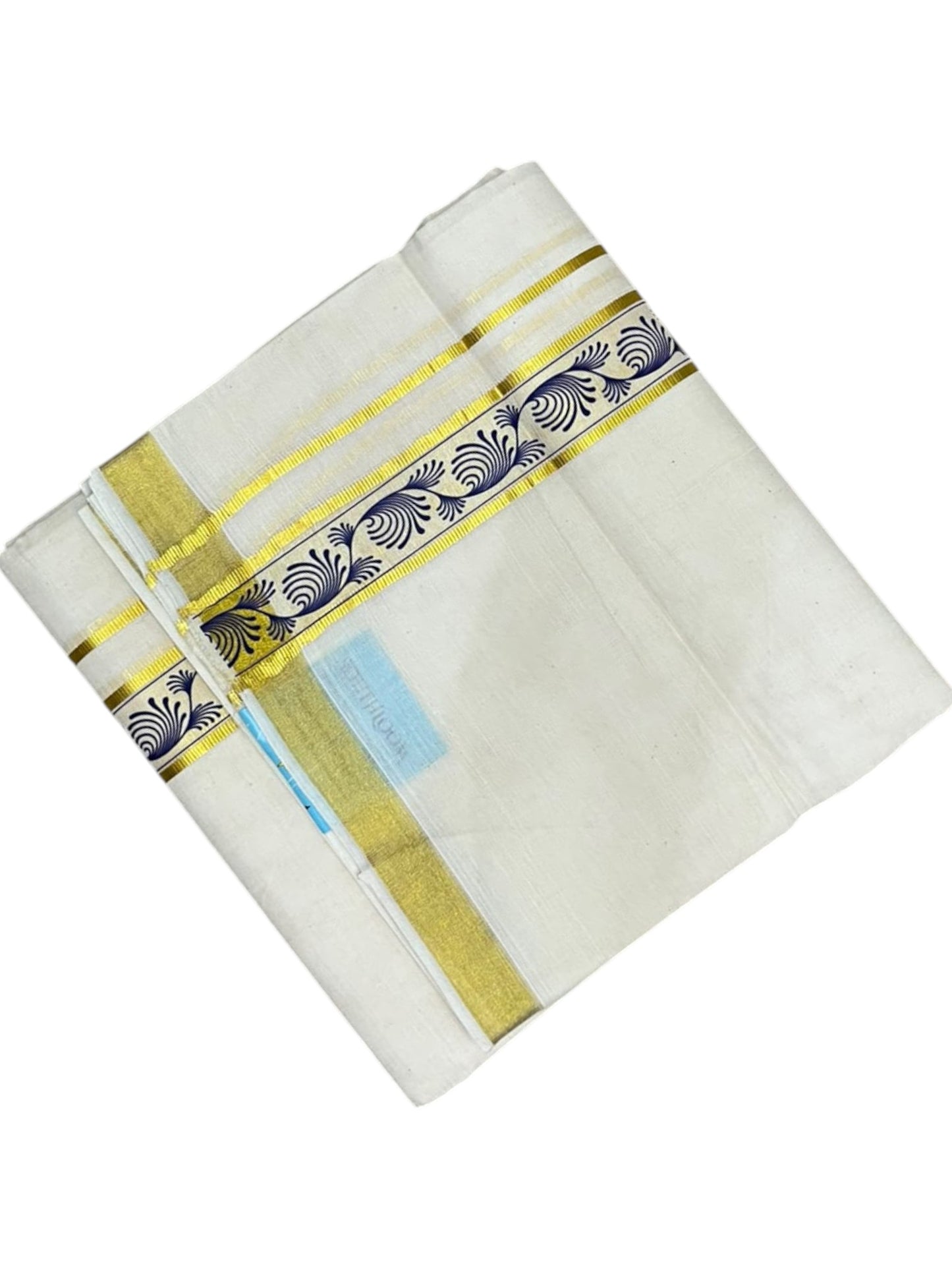 southloom Pure Cotton Double Mundu with Block Prints on Blue Border (South Indian Dhoti)SL597