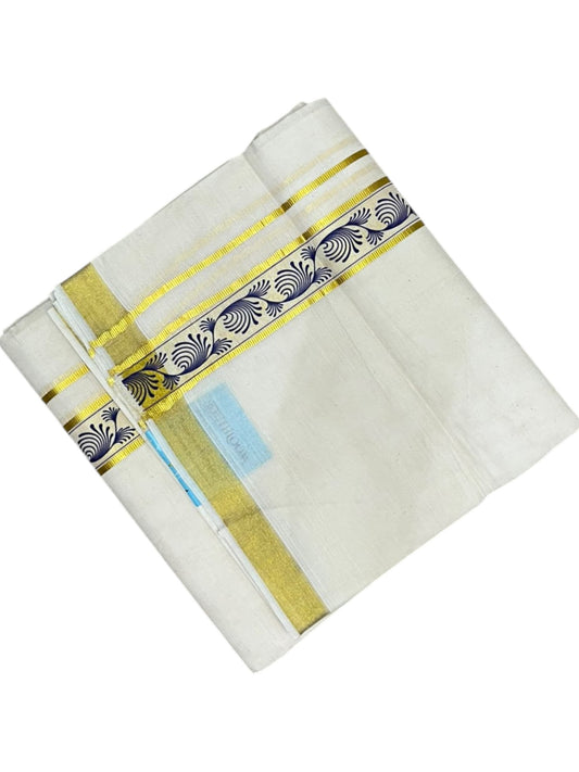 southloom Pure Cotton Double Mundu with Block Prints on Blue Border (South Indian Dhoti)SL597