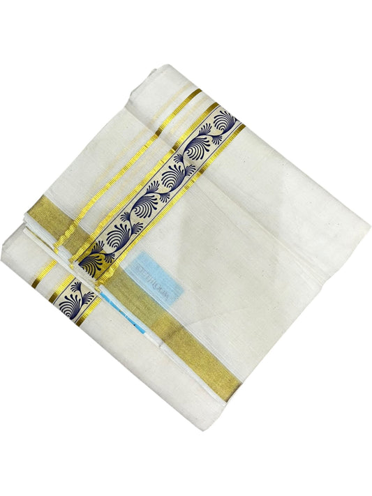 southloom Pure Cotton Double Mundu with Block Prints on Blue Border (South Indian Dhoti)SL597