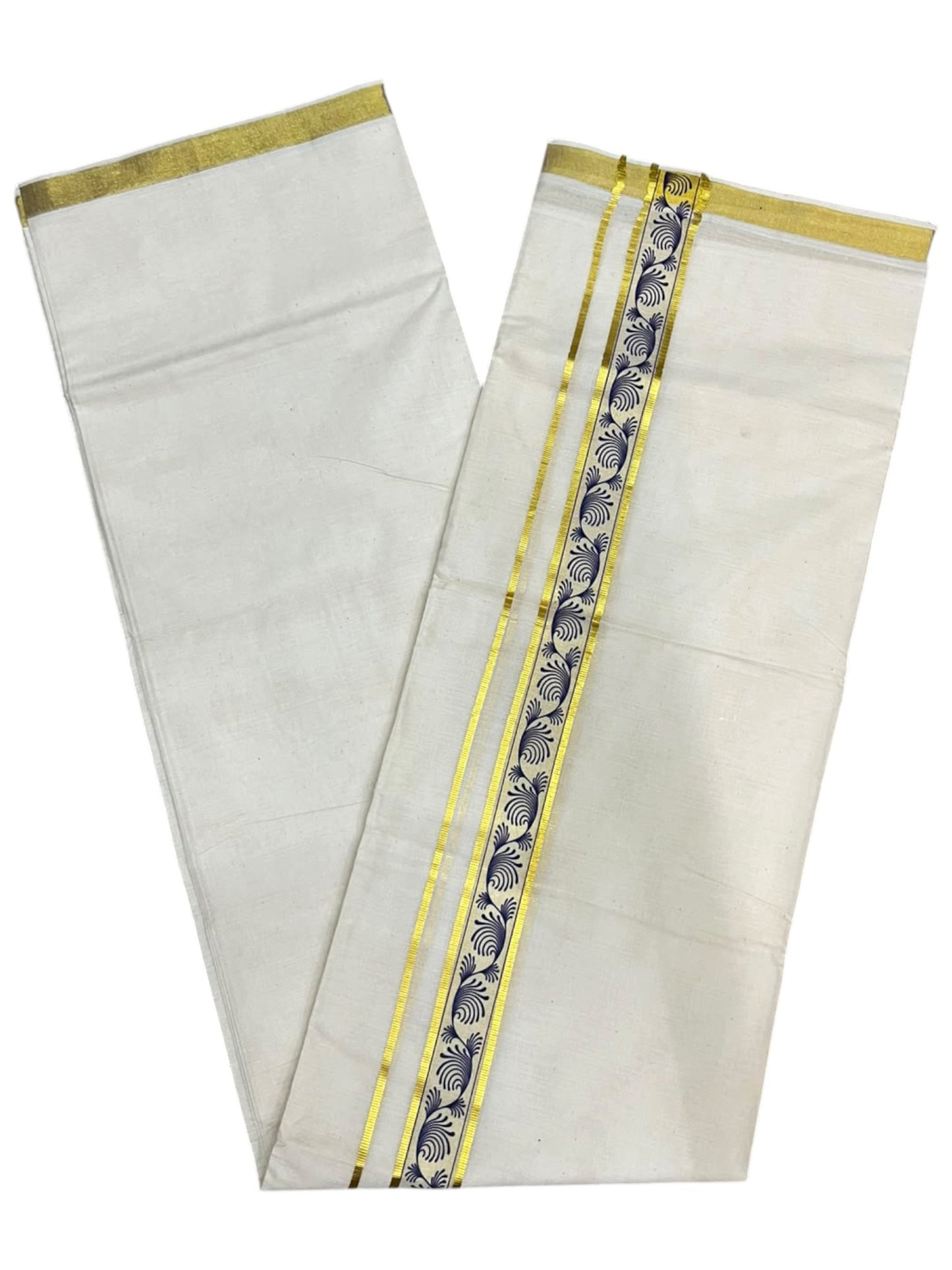 southloom Pure Cotton Double Mundu with Block Prints on Blue Border (South Indian Dhoti)SL597