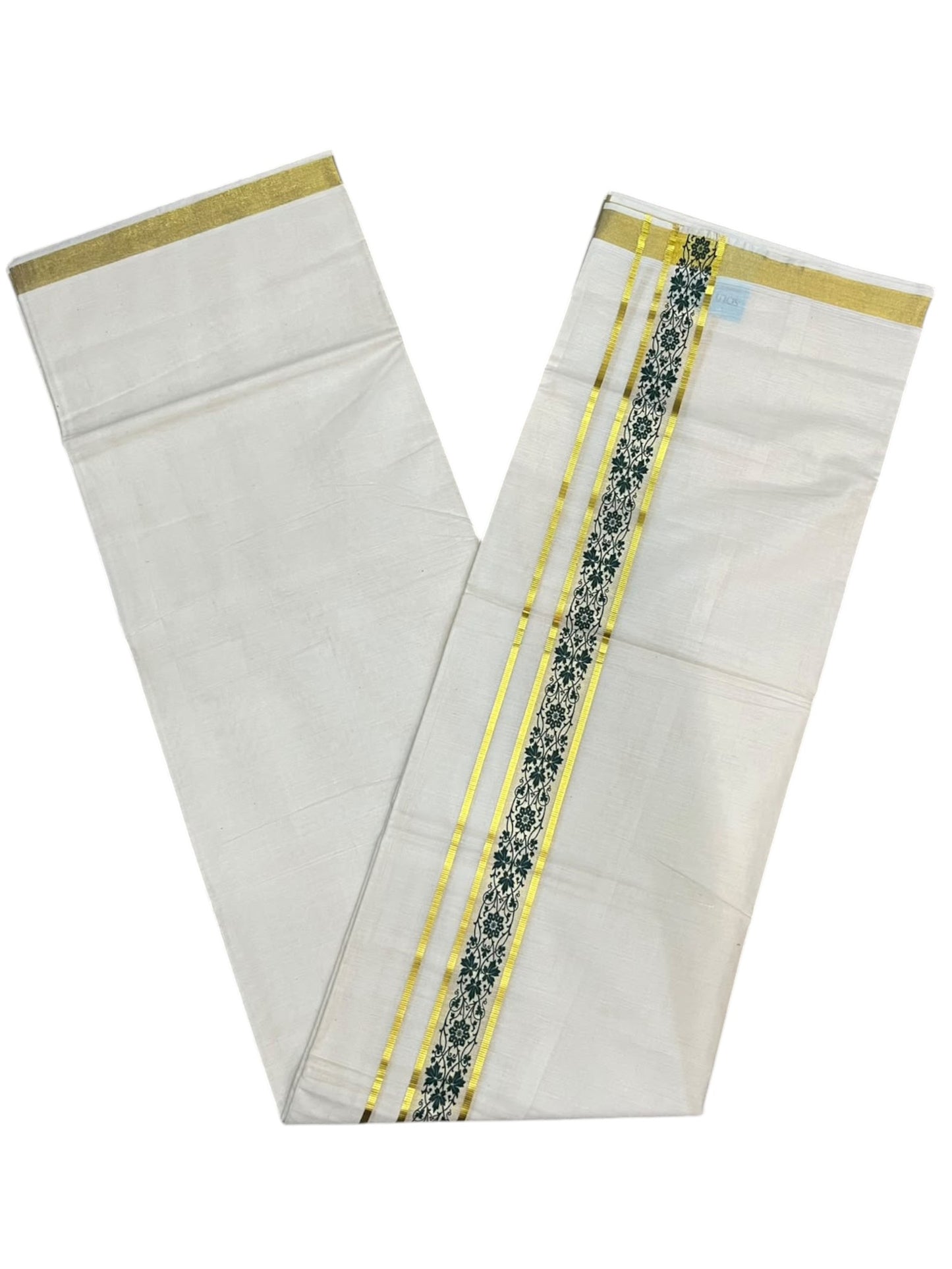 southloom Pure Cotton Double Mundu with Block Prints on Green Border (South Indian Dhoti)SL597