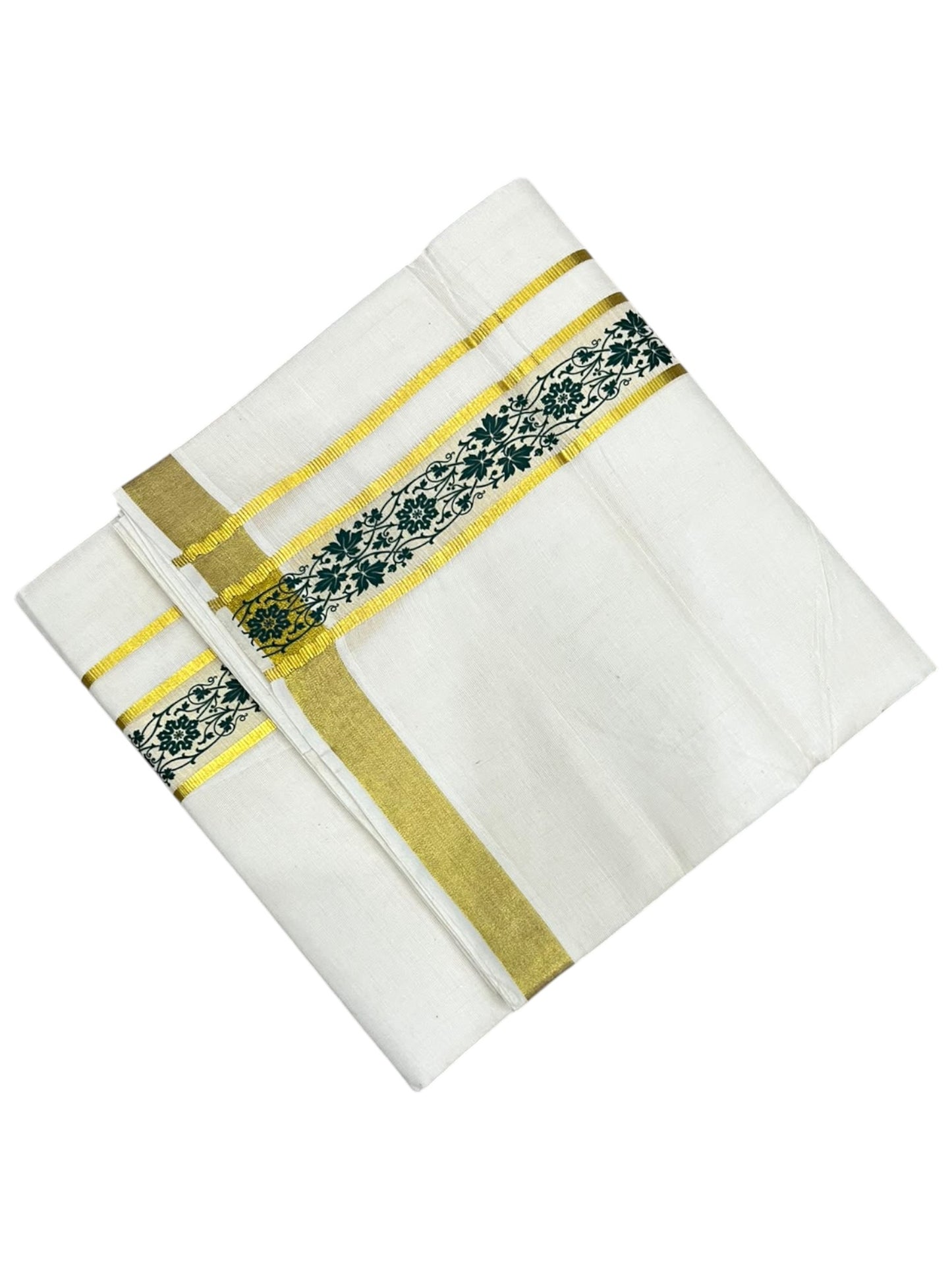 southloom Pure Cotton Double Mundu with Block Prints on Green Border (South Indian Dhoti)SL597