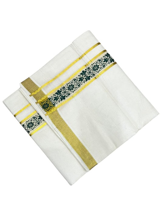 southloom Pure Cotton Double Mundu with Block Prints on Green Border (South Indian Dhoti)SL597