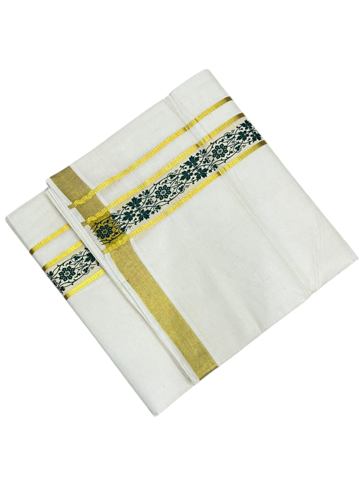 southloom Pure Cotton Double Mundu with Block Prints on Green Border (South Indian Dhoti)SL597