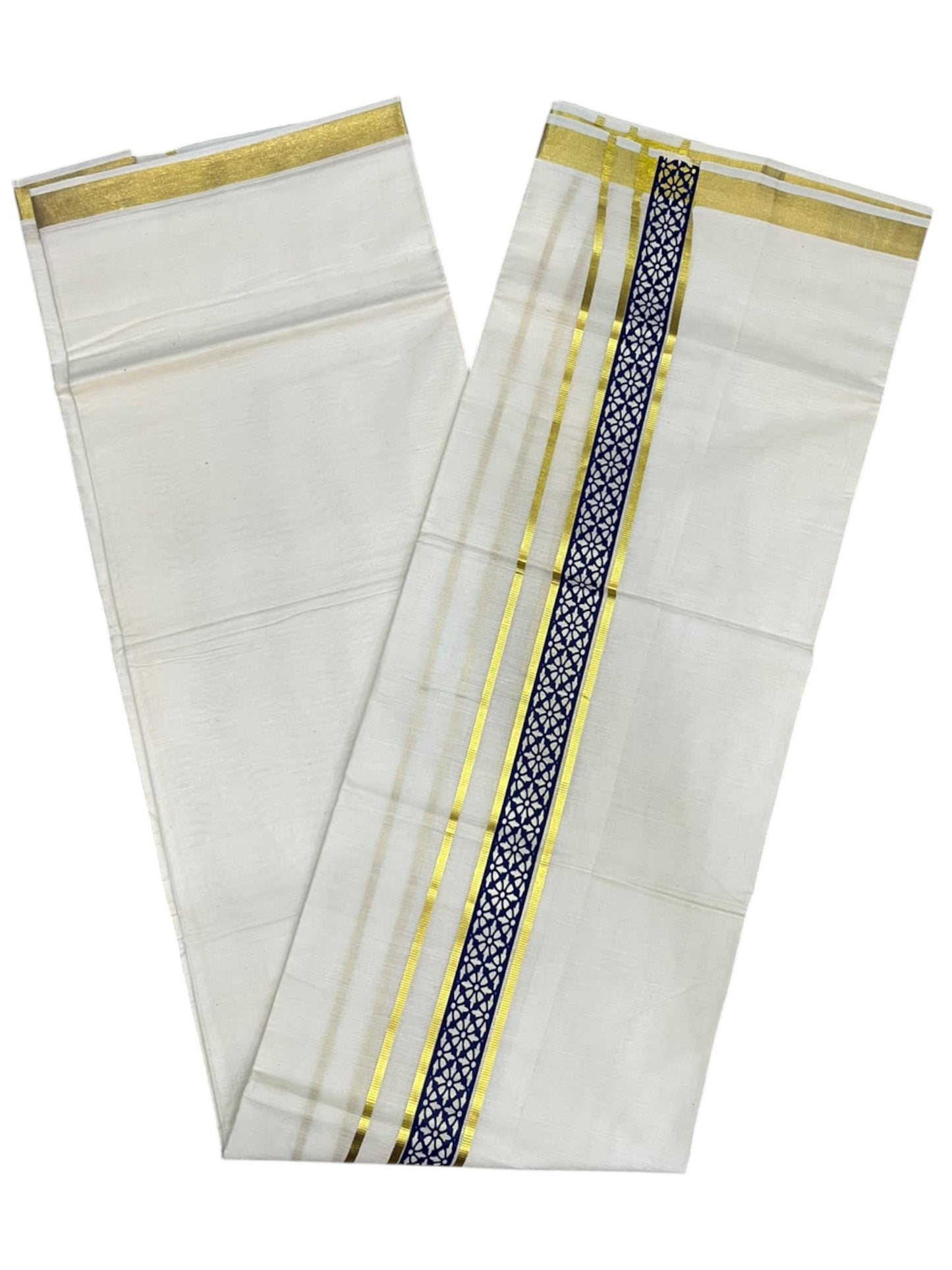 southloom Pure Cotton Double Mundu with Block Prints on Blue Border (South Indian Dhoti)SL597