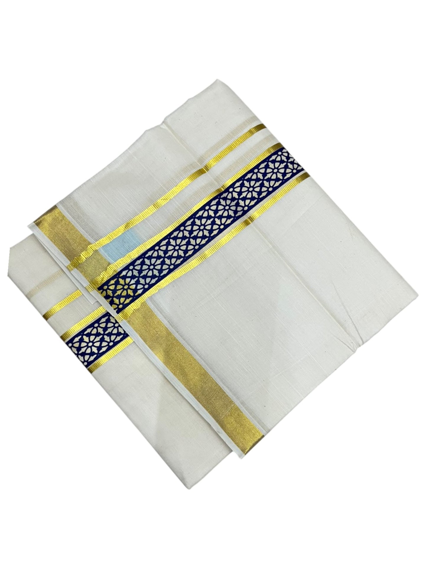 southloom Pure Cotton Double Mundu with Block Prints on Blue Border (South Indian Dhoti)SL597