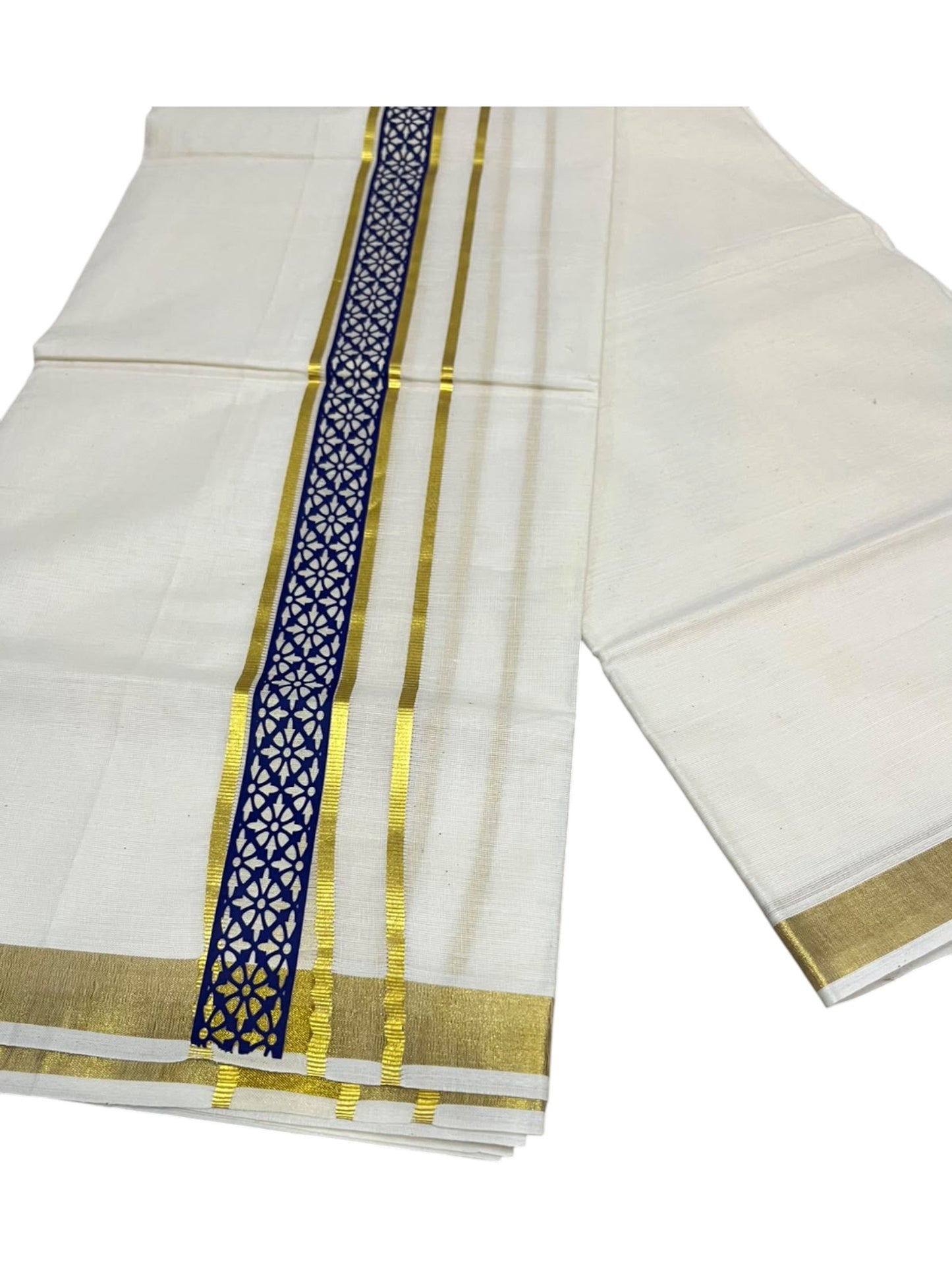 southloom Pure Cotton Double Mundu with Block Prints on Blue Border (South Indian Dhoti)SL597