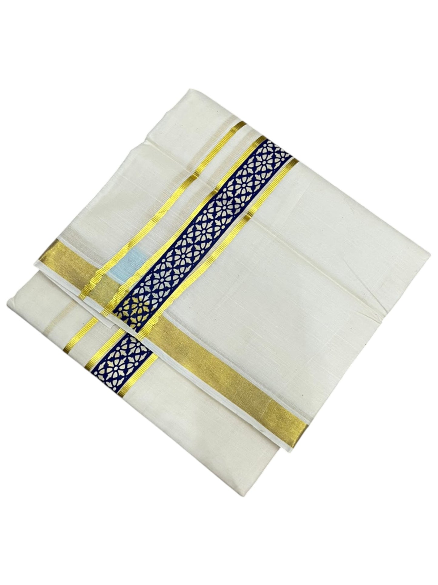 southloom Pure Cotton Double Mundu with Block Prints on Blue Border (South Indian Dhoti)SL597