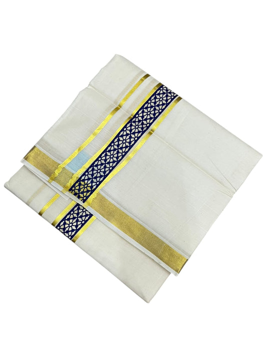 southloom Pure Cotton Double Mundu with Block Prints on Blue Border (South Indian Dhoti)SL597
