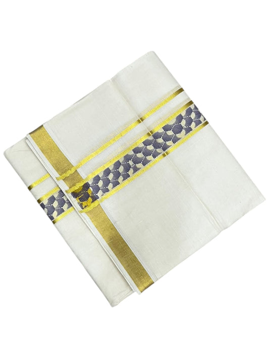 southloom Pure Cotton Double Mundu with Block Prints on Blue Border (South Indian Dhoti)SL597