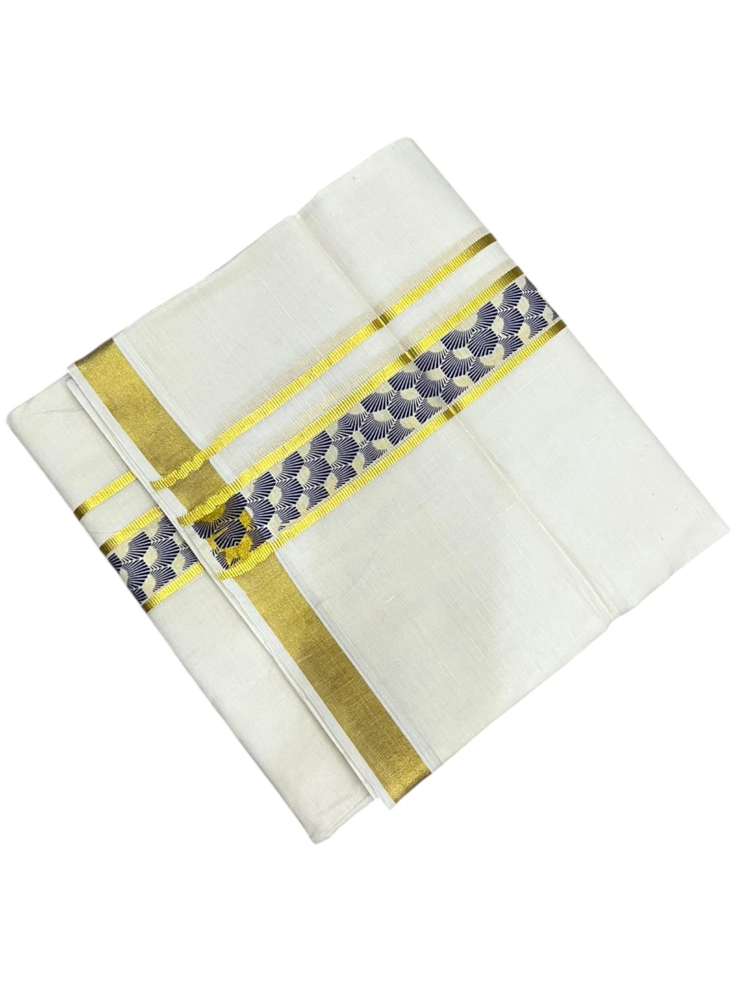 southloom Pure Cotton Double Mundu with Block Prints on Blue Border (South Indian Dhoti)SL597