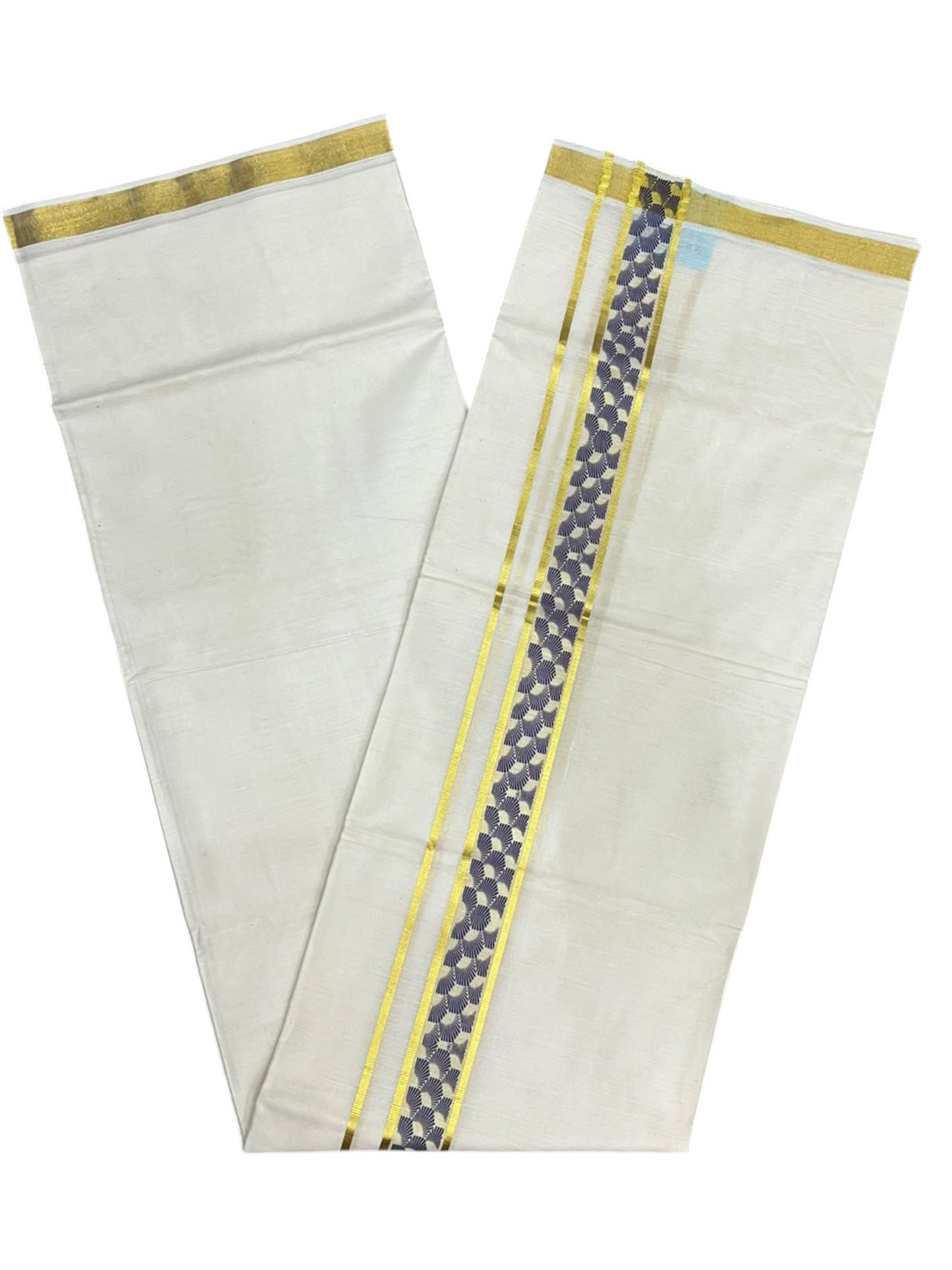 southloom Pure Cotton Double Mundu with Block Prints on Blue Border (South Indian Dhoti)SL597