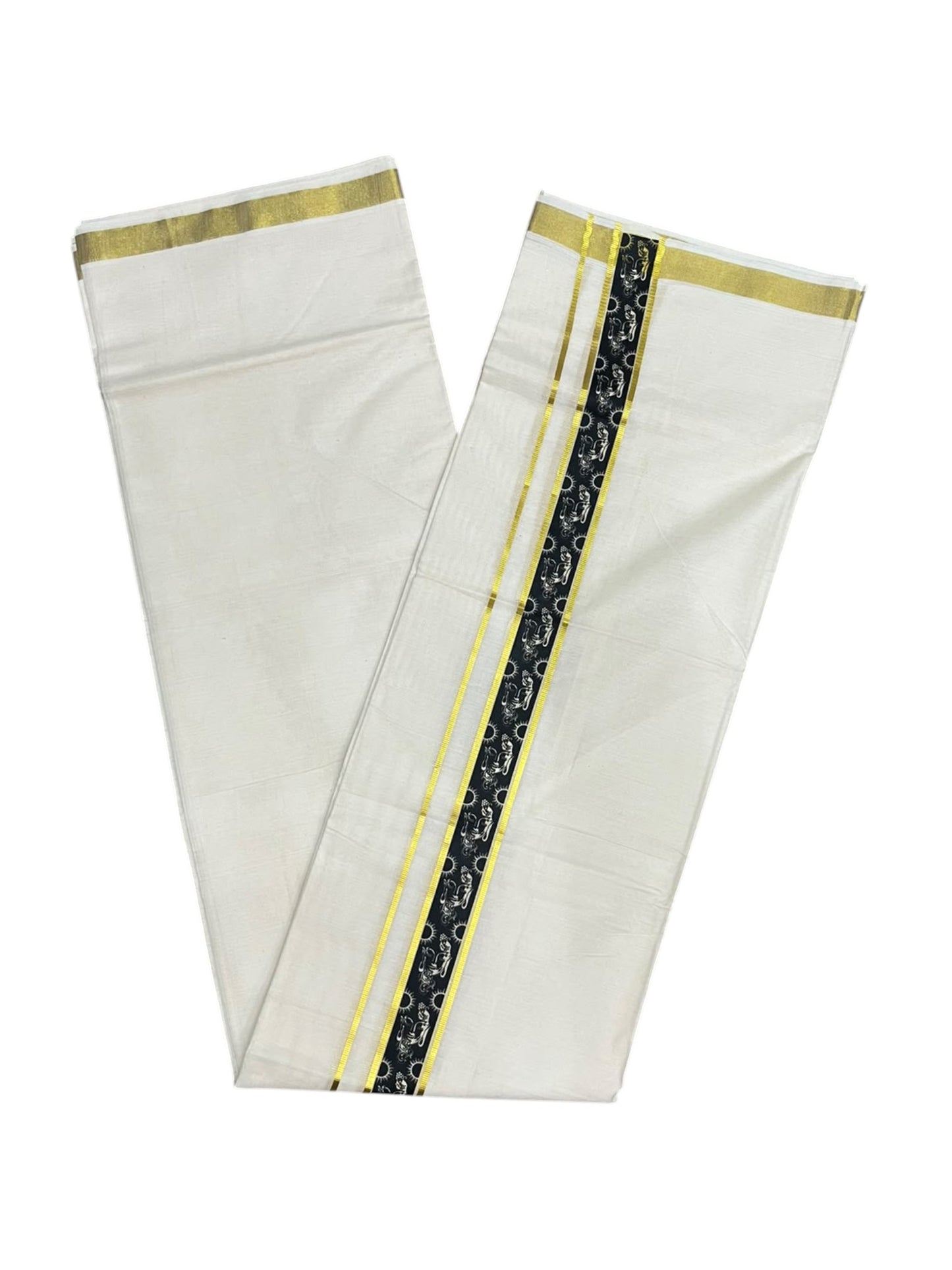 southloom Pure Cotton Double Mundu with Block Prints on Black Border (South Indian Dhoti)SL597