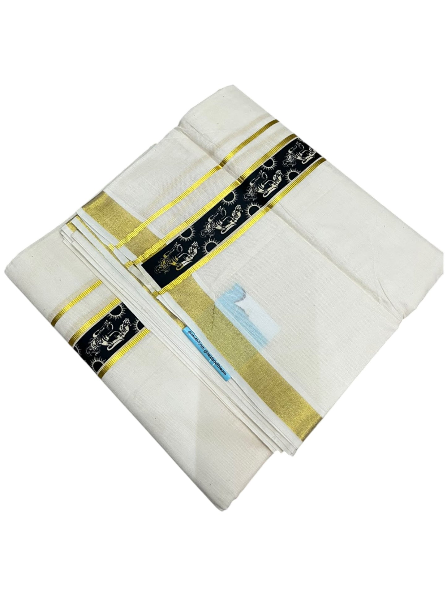 southloom Pure Cotton Double Mundu with Block Prints on Black Border (South Indian Dhoti)SL597