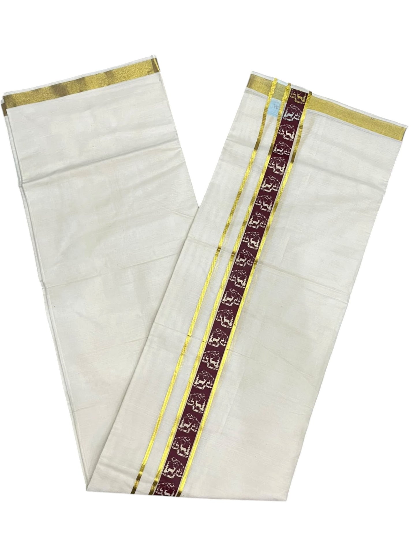 southloom Pure Cotton Double Mundu with Block Prints on Maroon Border (South Indian Dhoti)SL597