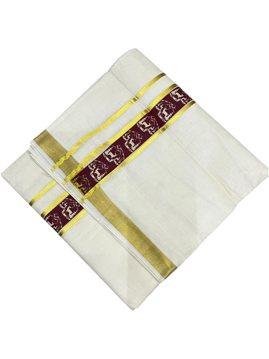 southloom Pure Cotton Double Mundu with Block Prints on Maroon Border (South Indian Dhoti)SL597