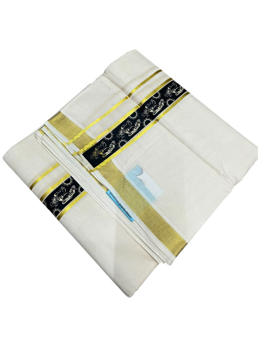 southloom Pure Cotton Double Mundu with Block Prints on Black Border (South Indian Dhoti)SL597