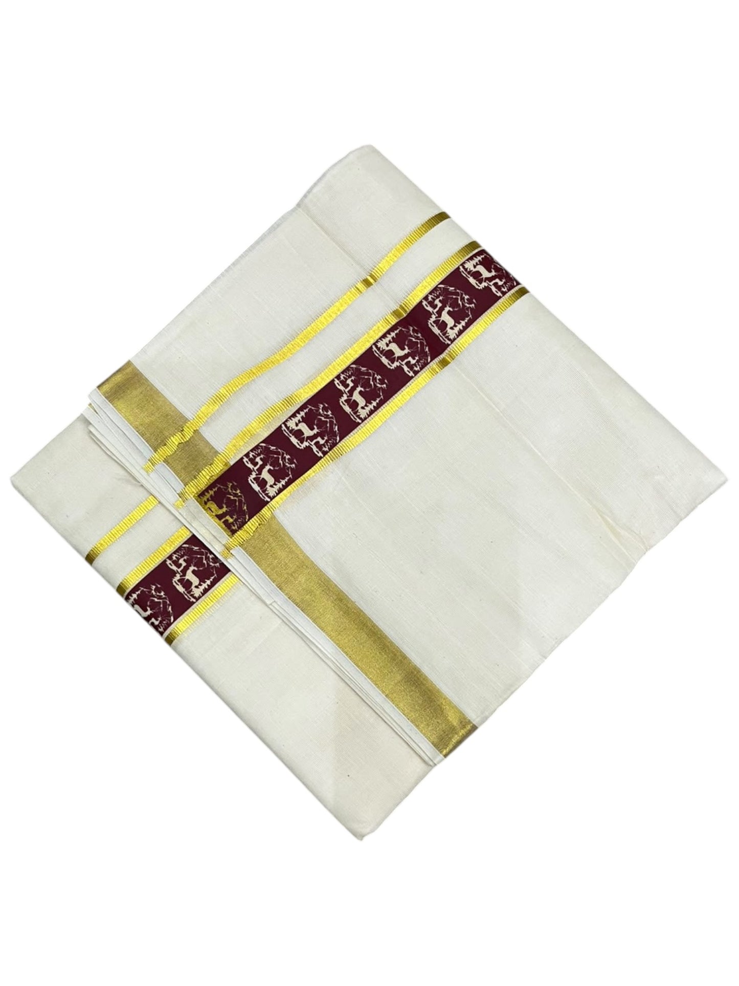 southloom Pure Cotton Double Mundu with Block Prints on Maroon Border (South Indian Dhoti)SL597