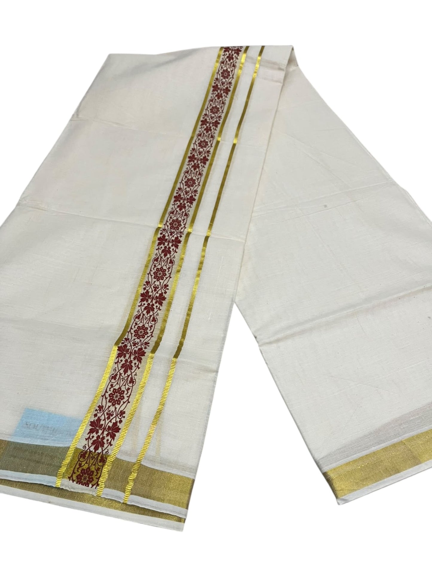 southloom Pure Cotton Double Mundu with Block Prints on Maroon Border (South Indian Dhoti)SL597
