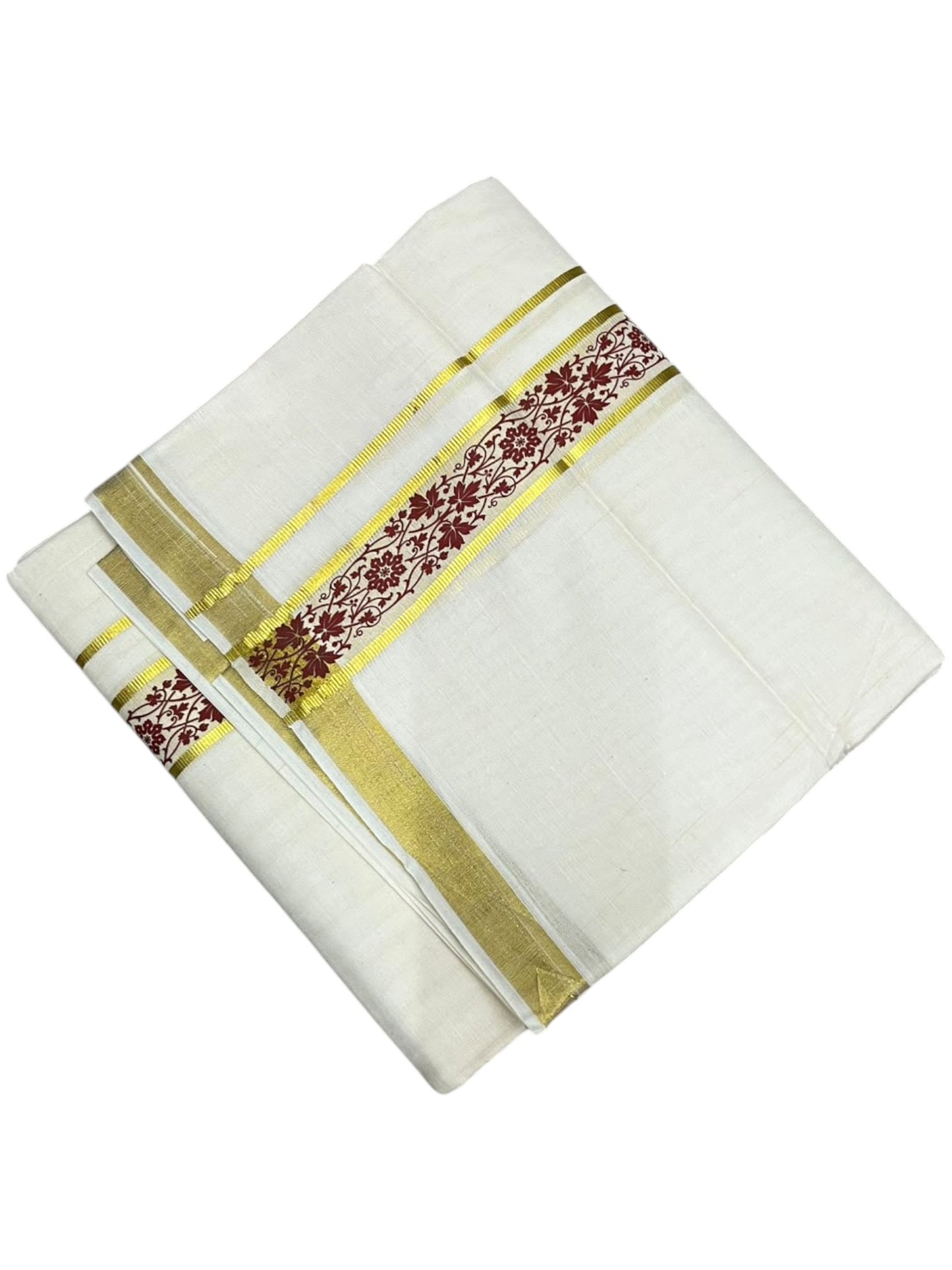 southloom Pure Cotton Double Mundu with Block Prints on Maroon Border (South Indian Dhoti)SL597