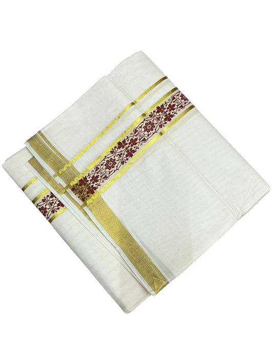 southloom Pure Cotton Double Mundu with Block Prints on Maroon Border (South Indian Dhoti)SL597