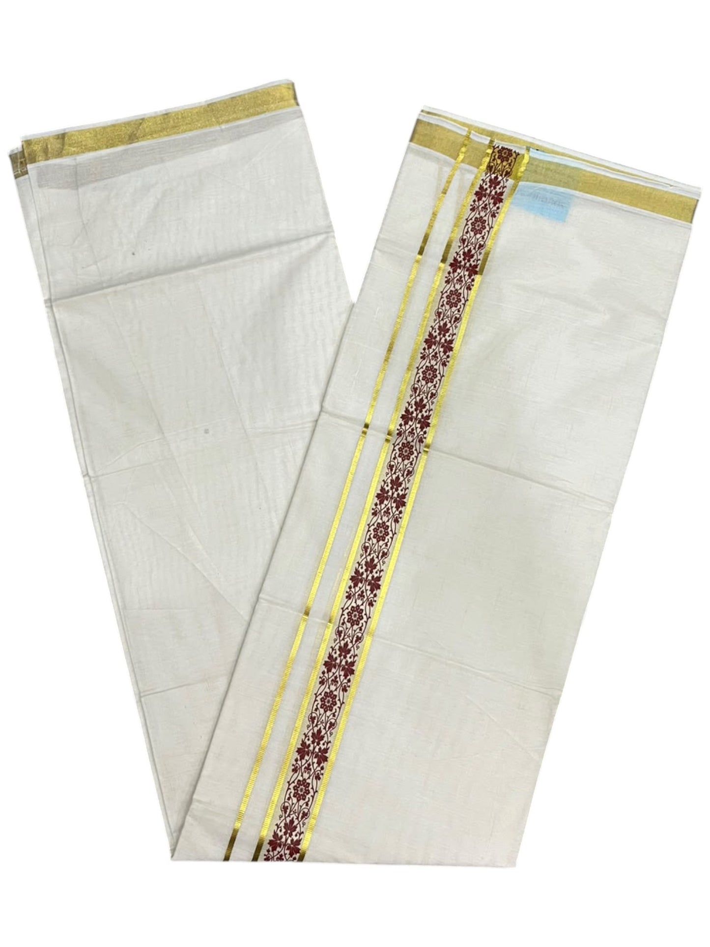 southloom Pure Cotton Double Mundu with Block Prints on Maroon Border (South Indian Dhoti)SL597