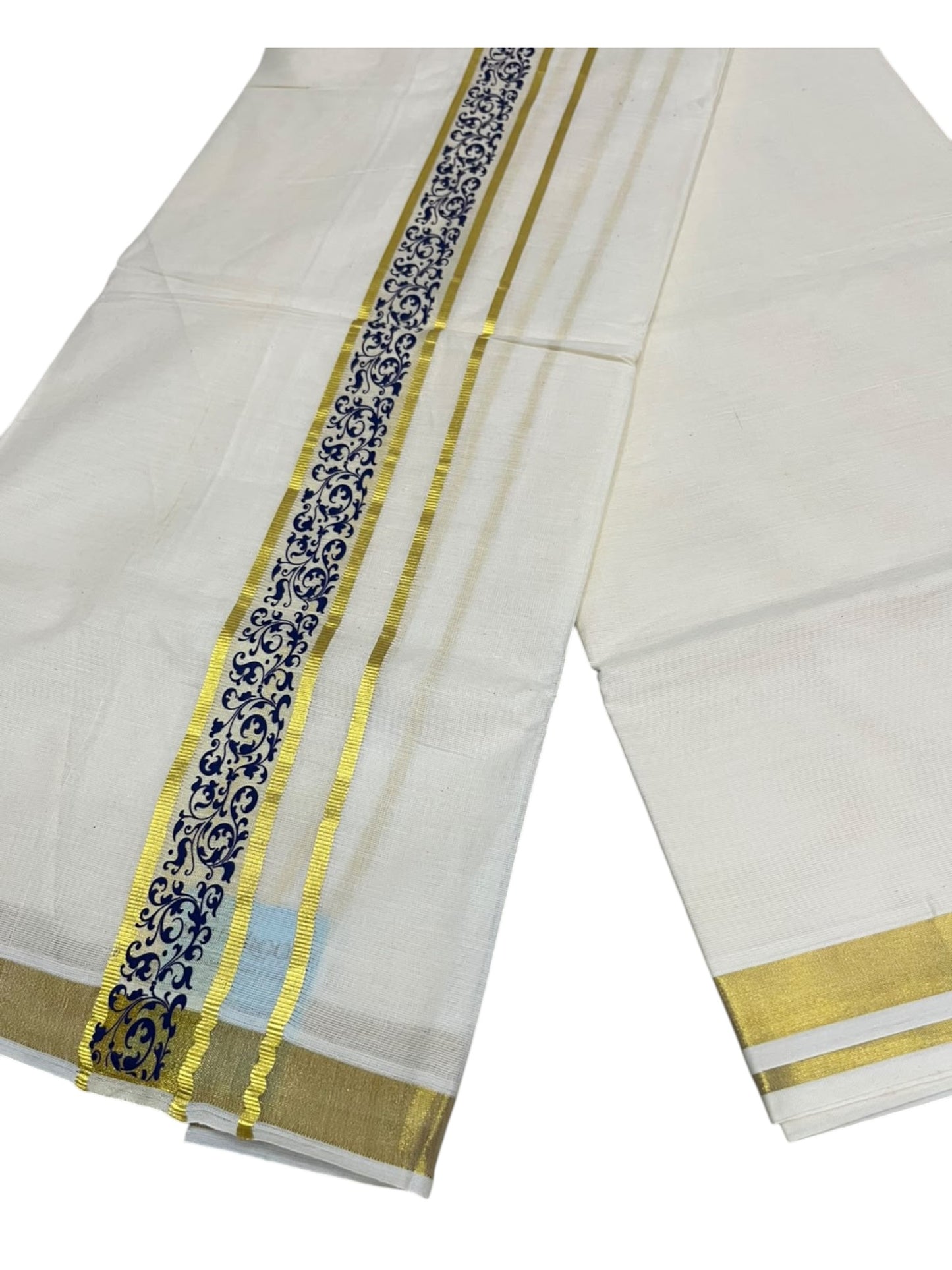 southloom Pure Cotton Double Mundu with Block Prints on Blue Border (South Indian Dhoti)SL597
