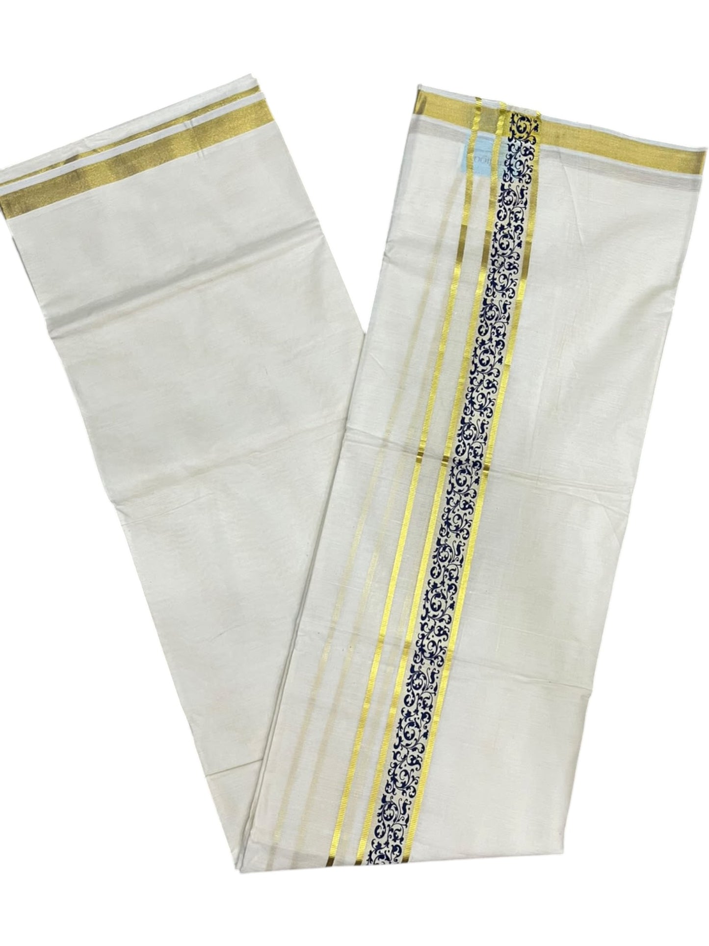 southloom Pure Cotton Double Mundu with Block Prints on Blue Border (South Indian Dhoti)SL597