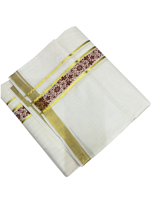 southloom Pure Cotton Double Mundu with Block Prints on Maroon Border (South Indian Dhoti)SL597