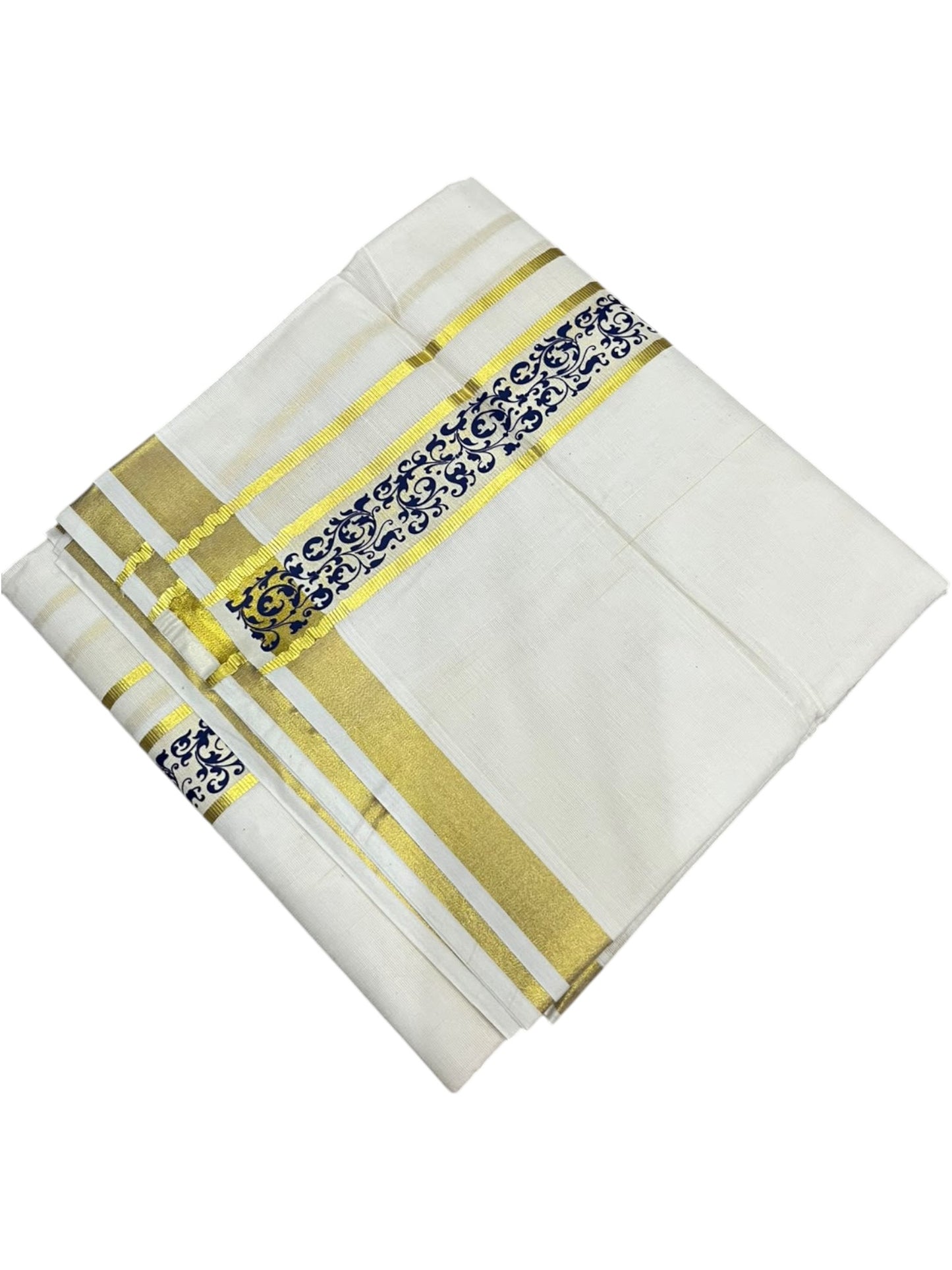 southloom Pure Cotton Double Mundu with Block Prints on Blue Border (South Indian Dhoti)SL597