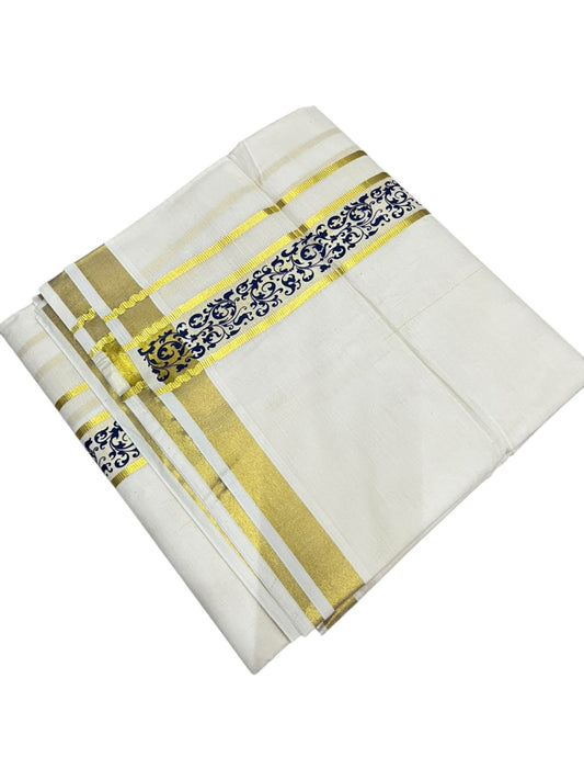 southloom Pure Cotton Double Mundu with Block Prints on Blue Border (South Indian Dhoti)SL597