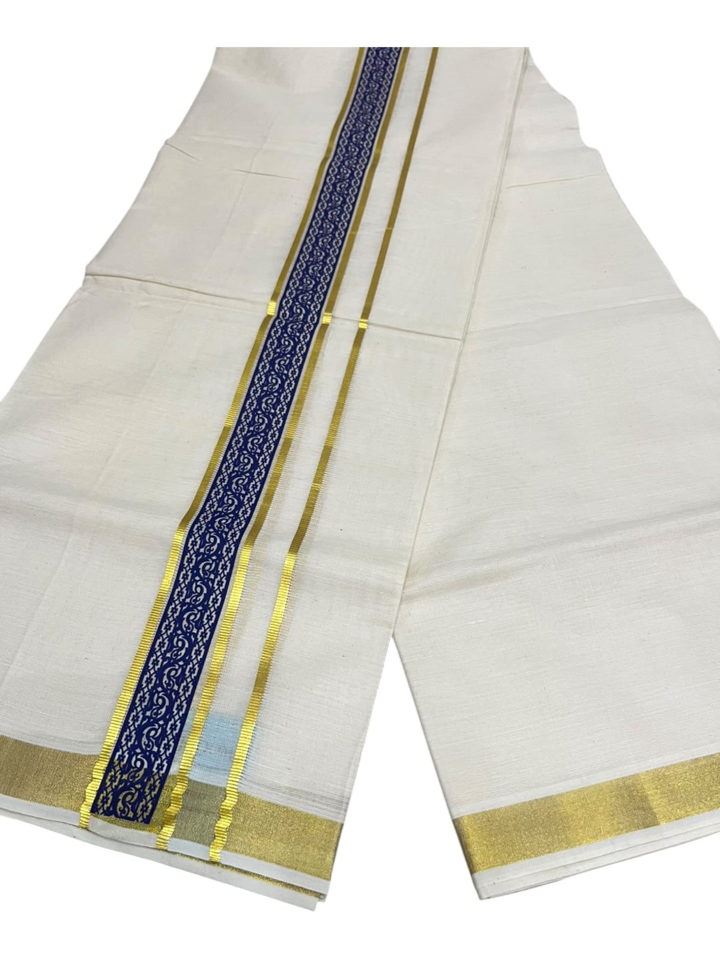 southloom Pure Cotton Double Mundu with Block Prints on Blue Border (South Indian Dhoti)SL597