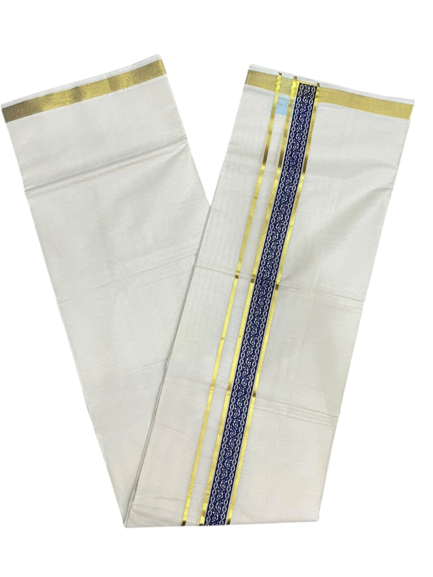southloom Pure Cotton Double Mundu with Block Prints on Blue Border (South Indian Dhoti)SL597