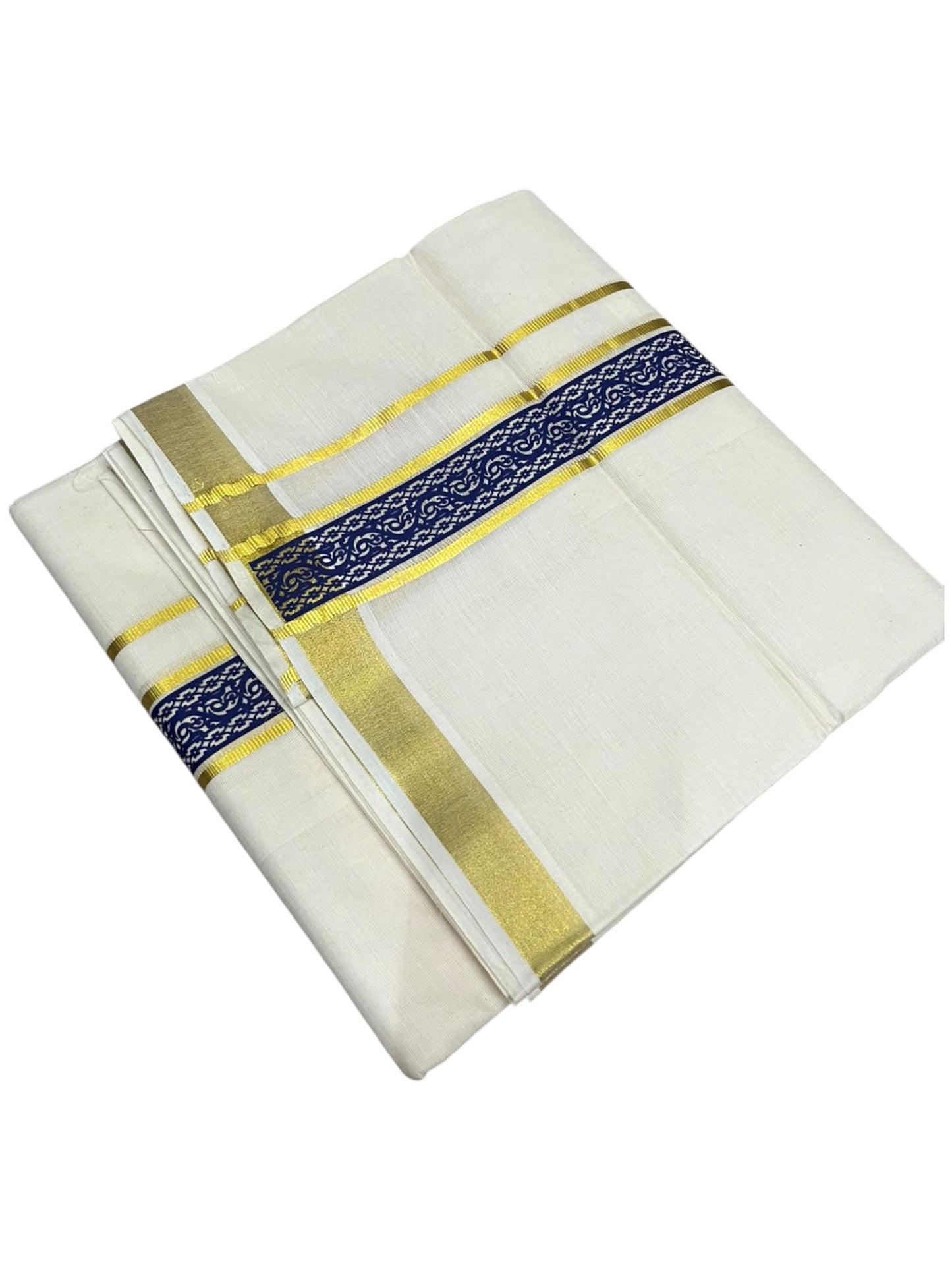 southloom Pure Cotton Double Mundu with Block Prints on Blue Border (South Indian Dhoti)SL597