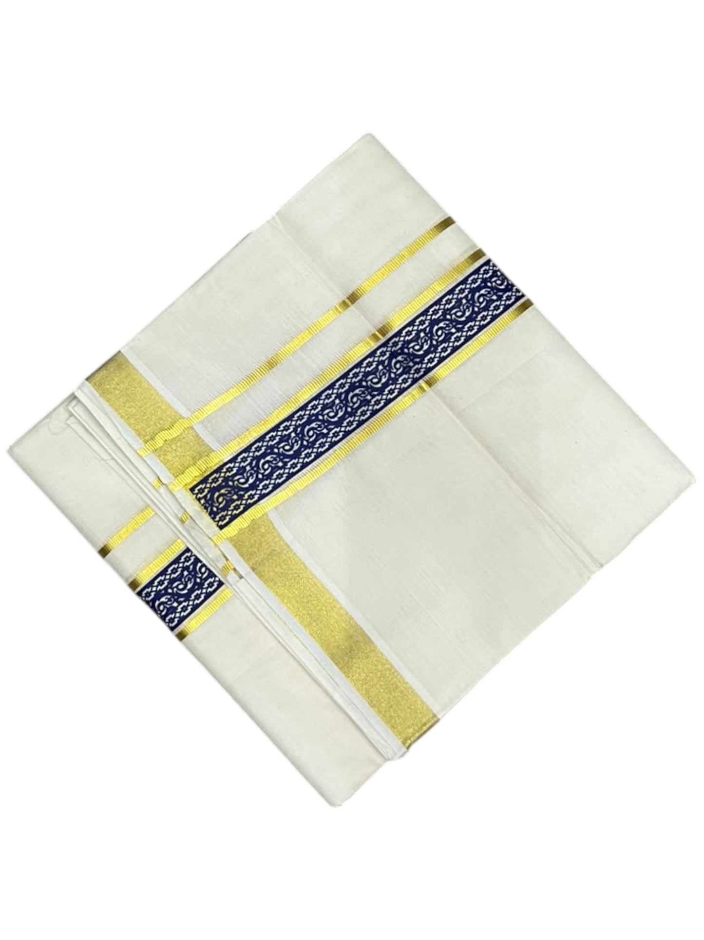 southloom Pure Cotton Double Mundu with Block Prints on Blue Border (South Indian Dhoti)SL597
