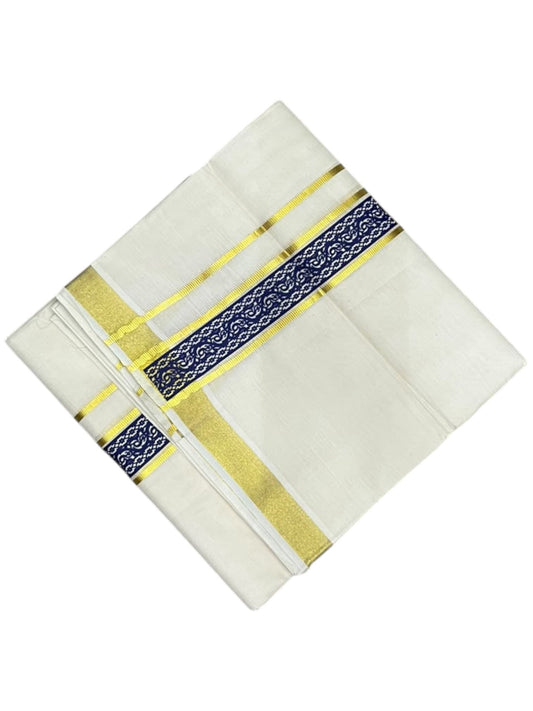 southloom Pure Cotton Double Mundu with Block Prints on Blue Border (South Indian Dhoti)SL597
